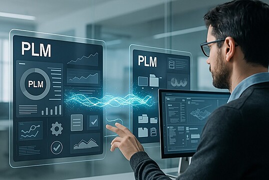 Visual of two PLM interfaces exchanging engineering data through connected digital pathways